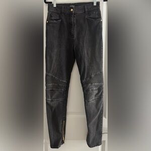 BALMAIN Women’s Biker Jeans Black Moto Denim Size 38 Ribbed Knees Ankle Zips